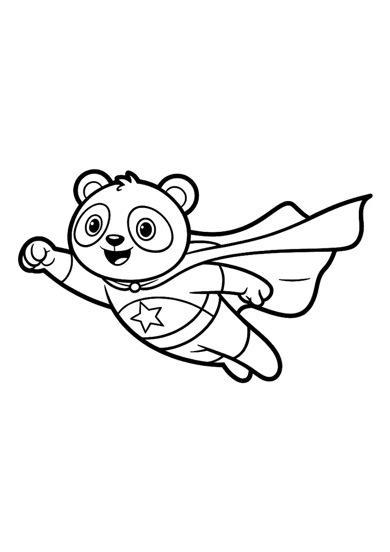 Kleurplaat van een panda verkleed als superheld die met een wapperende cape en uitgestrekte vuist door de lucht vliegt