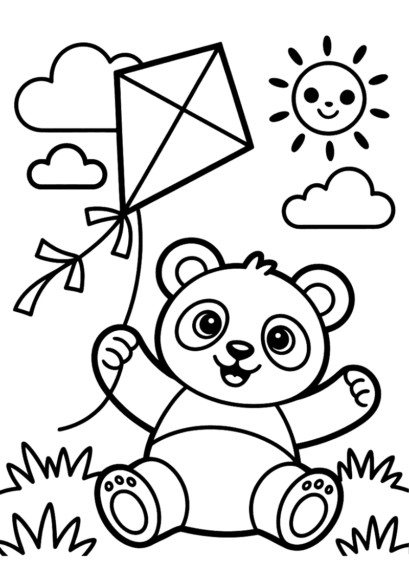 Kleurplaat van een panda die in het gras zit en een vlieger oplaat met een lachende zon en wolken op de achtergrond
