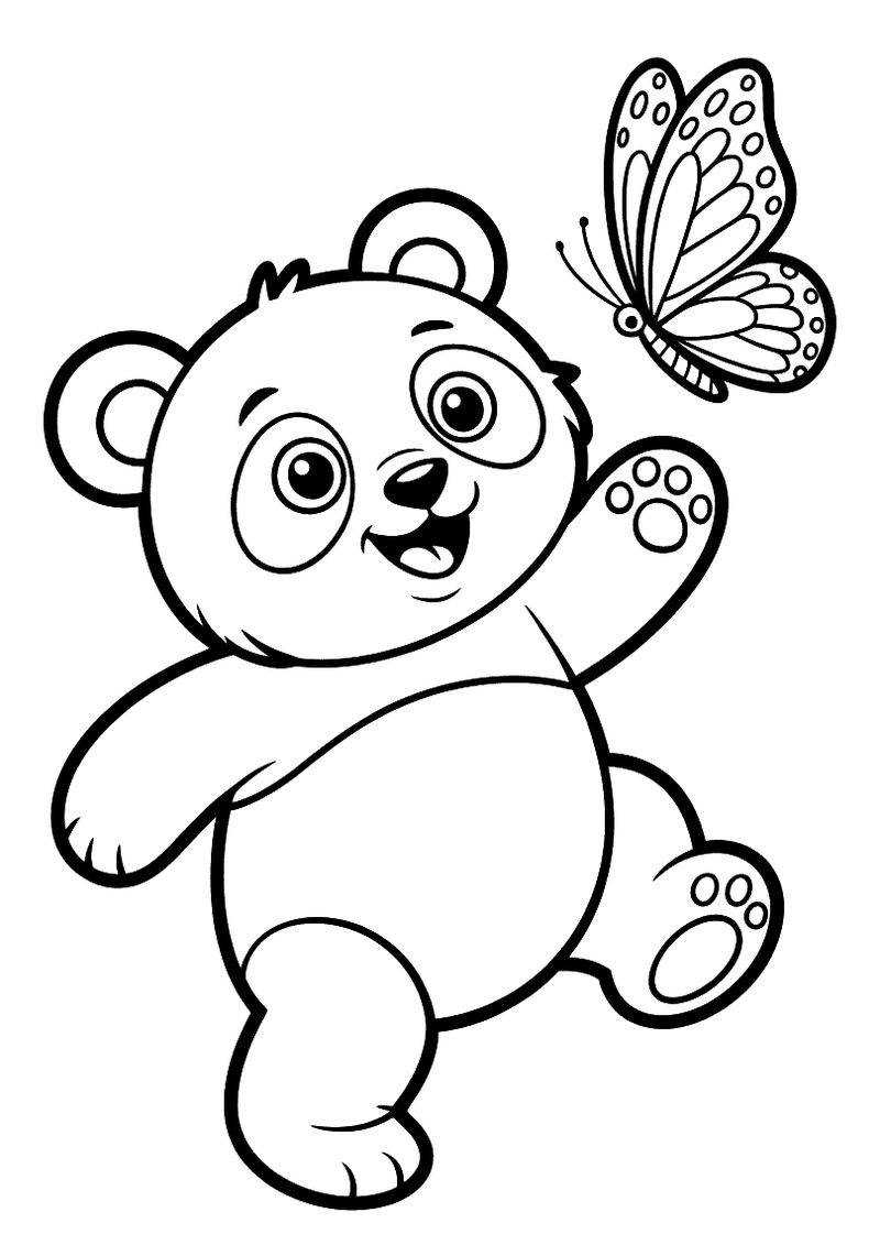Kleurplaat van een panda die zijn poot uitstrekt naar een vlinder die voor hem in de lucht fladder