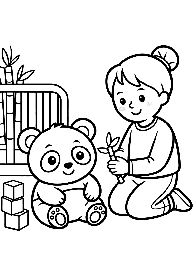 Kleurplaat van een kleine panda die naast een vrouwelijke verzorger zit terwijl zij hem een bamboetak aanreikt in een di
