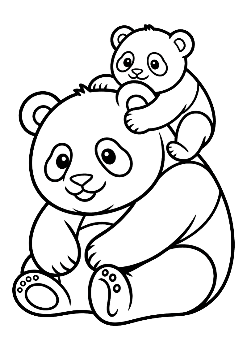 Kleurplaat van een grote moeder panda die zit terwijl een klein pandawelp vrolijk op haar rug klimt
