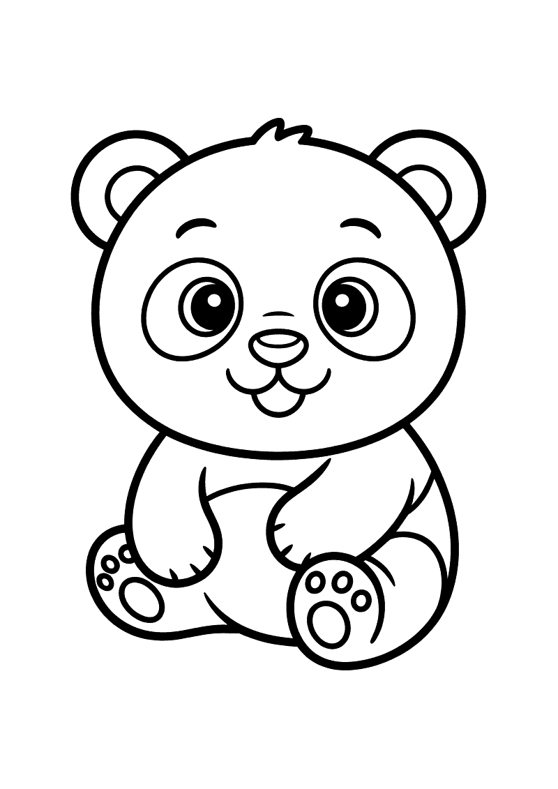 Kleurplaat van een pandawelp die rechtop zit met grote ogen en ronde zachte pootjes zichtbaar