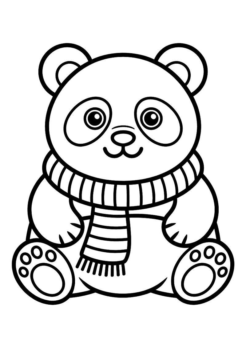 Kleurplaat van een panda die rechtop zit en een gebreide gestreepte sjaal om zijn nek draagt