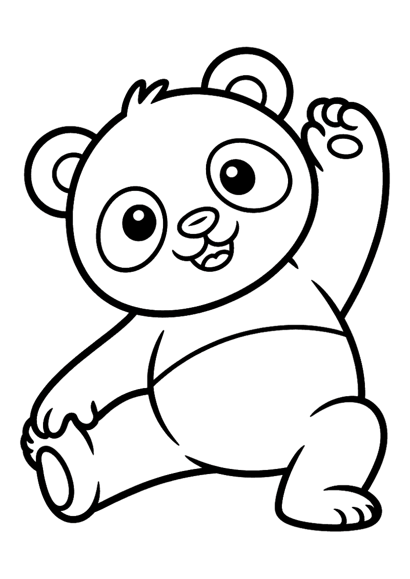 Kleurplaat van een panda die met een arm omhoog een yogahouding aanneemt en breed lacht