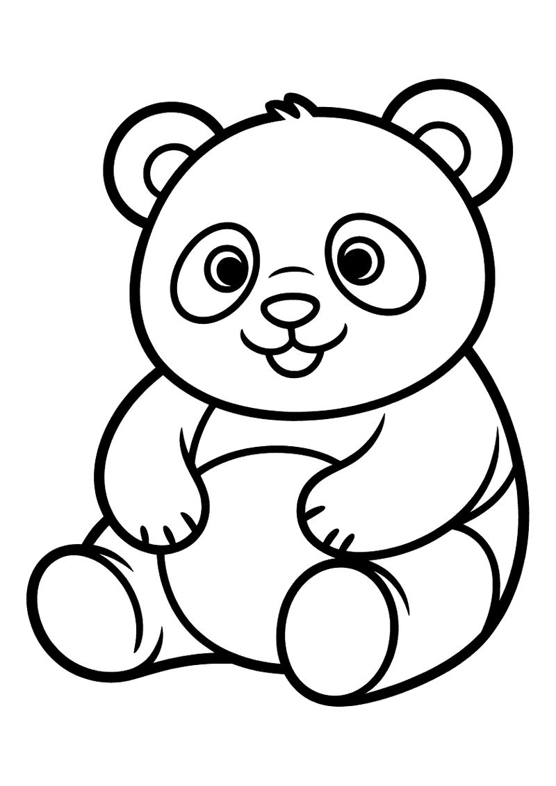 Kleurplaat van een panda die rustig zit met zijn poten voor zich en vriendelijk lacht