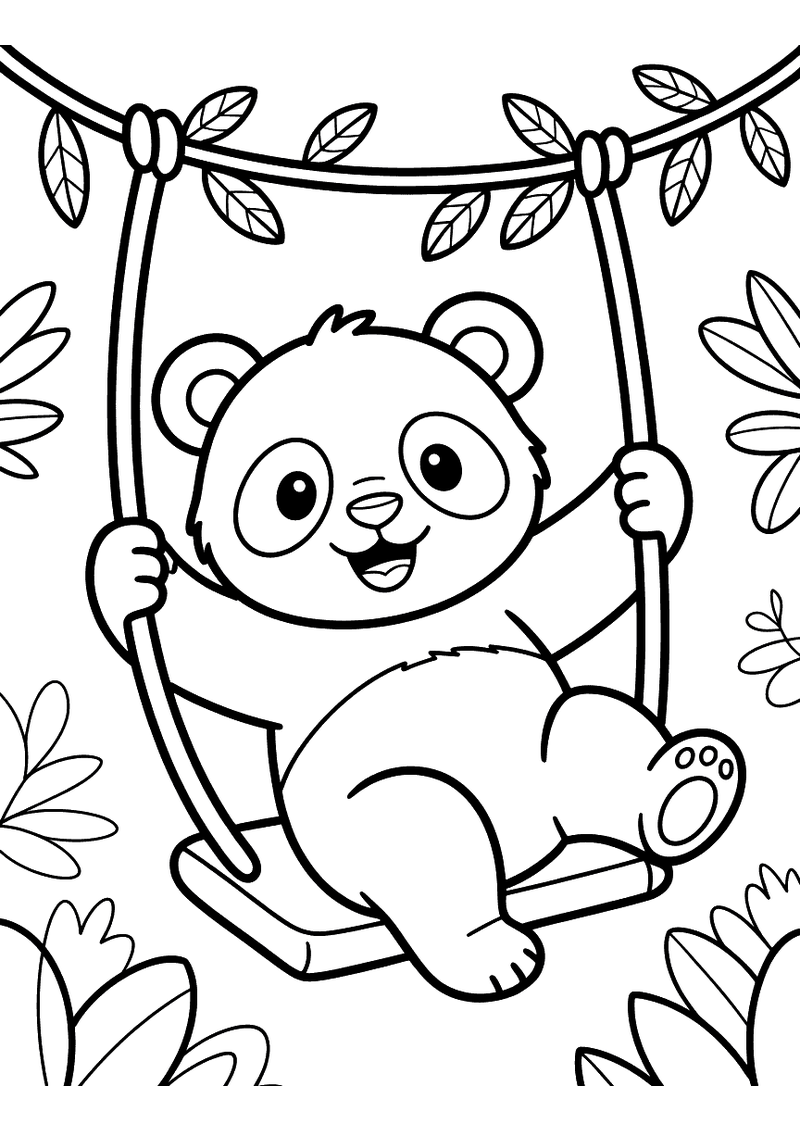 Kleurplaat van een panda die lachend aan touwen in een boom zwaait omringd door weelderig junglegroen en bladeren