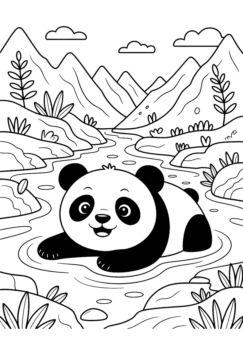 Kleurplaat van een panda die lachend in een bergbeek zwemt met bergen, bomen en een kronkelend stroompje op de achtergro