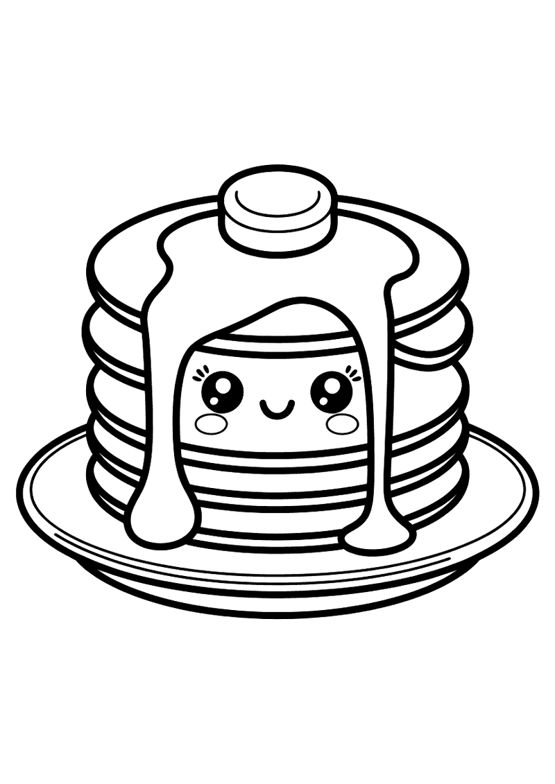 Kleurplaat van een stapel pannenkoeken met een lachend kawaii gezichtje, drupelende siroop en een klontje boter erop.