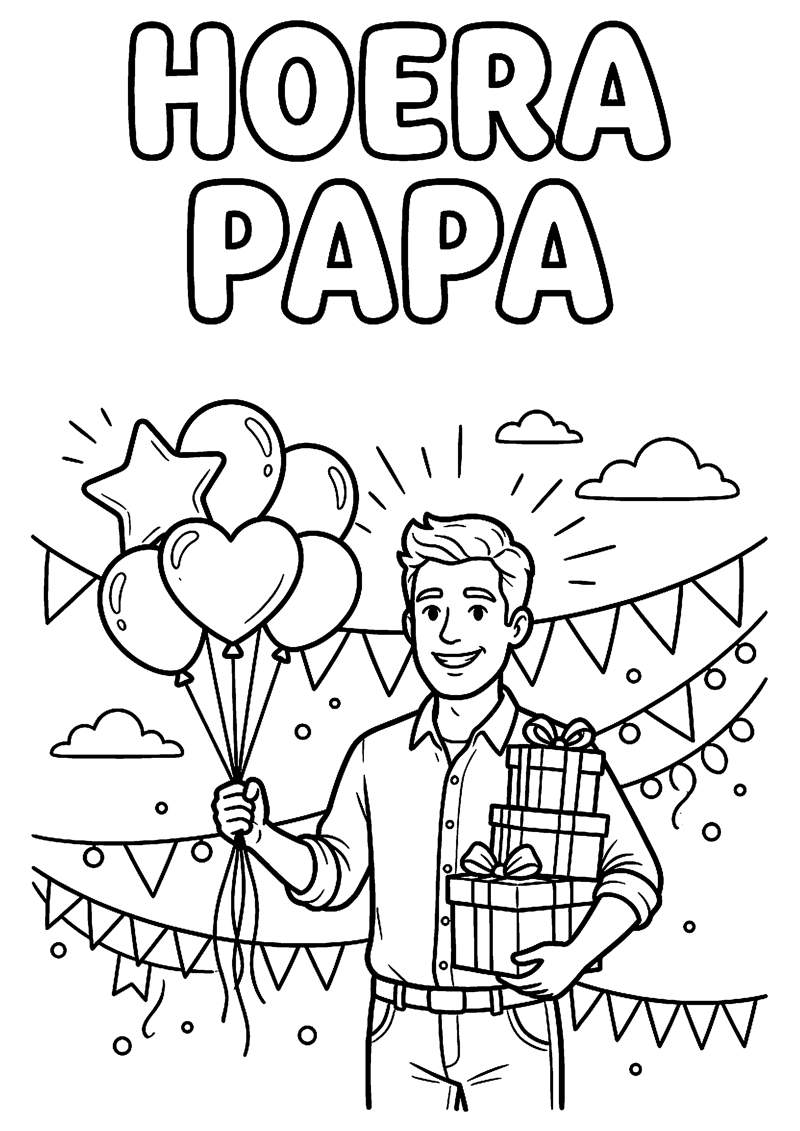 Papa met Ballonnen Slingers en Cadeau met Tekst Hoera Papa Vaderdag Kleurplaat — gratis kleurplaat