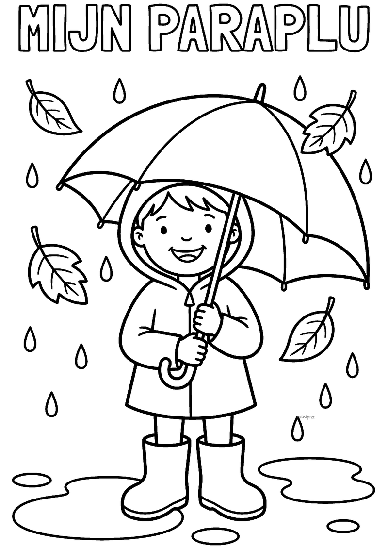 Kleurplaat van een kind in regenjas en laarzen met een grote paraplu, tussen regendruppels, bladeren en plassen