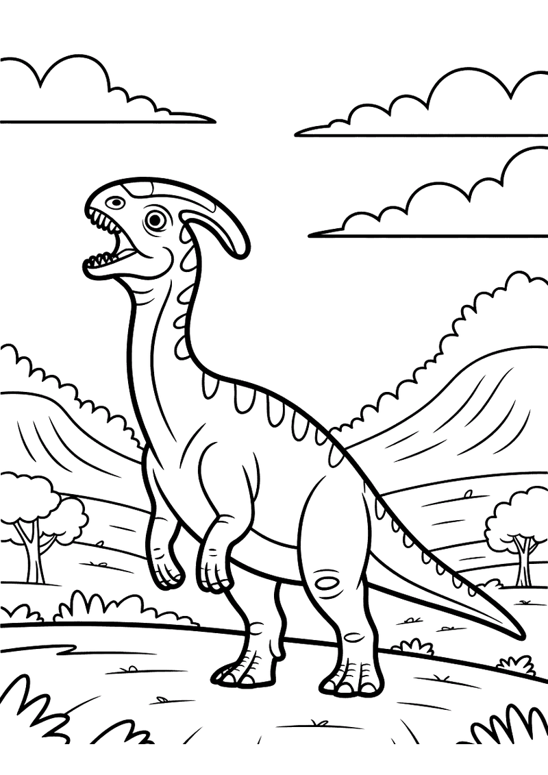 Kleurplaat van een Parasaurolophus die met omhooggeheven kop en typische hoornkam roept in een vallei met bomen en wolke