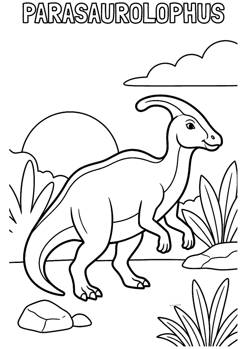 Kleurplaat van een parasaurolophus met lange kam op zijn kop, wolken, zon en planten