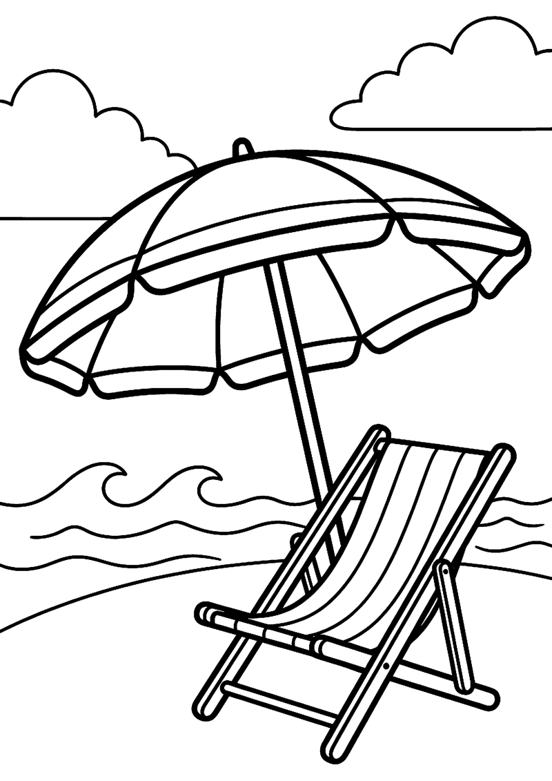 Parasol met Strandstoel en Zee Strand Kleurplaat — gratis kleurplaat printen