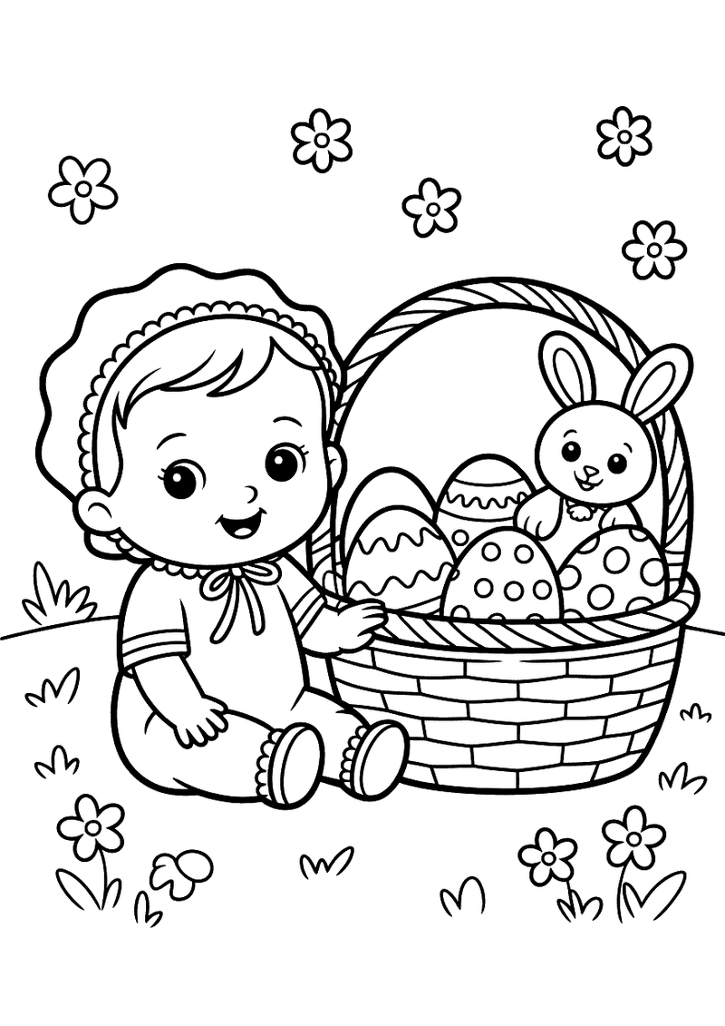 Kleurplaat van een baby in paasmuts die naast een groot rieten mandje vol paaseieren en een konijntje zit in een bloemen