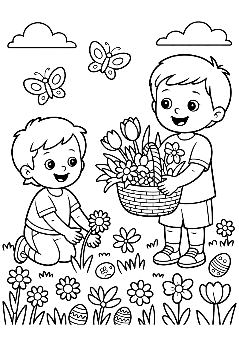 Kleurplaat van twee jongens die bloemen plukken in een lentewei met een mand vol bloemen en paaseieren in het gras