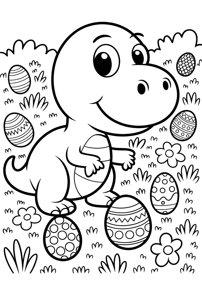Kleurplaat van een kleine vrolijke dinosaurus omringd door gedecoreerde paaseieren in een grasveld met bloemen