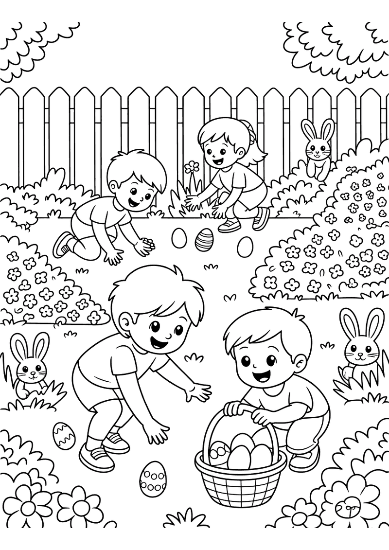 Kleurplaat van drie kinderen die paaseieren zoeken in een tuin met hek, struiken en kleine konijntjes op de achtergrond