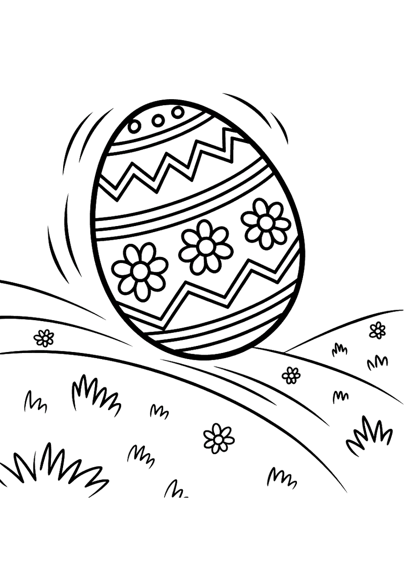 Kleurplaat van een groot gedecoreerd paasei met zigzag- en bloemenpatroon dat van een groene heuvel omlaag rolt met bewe