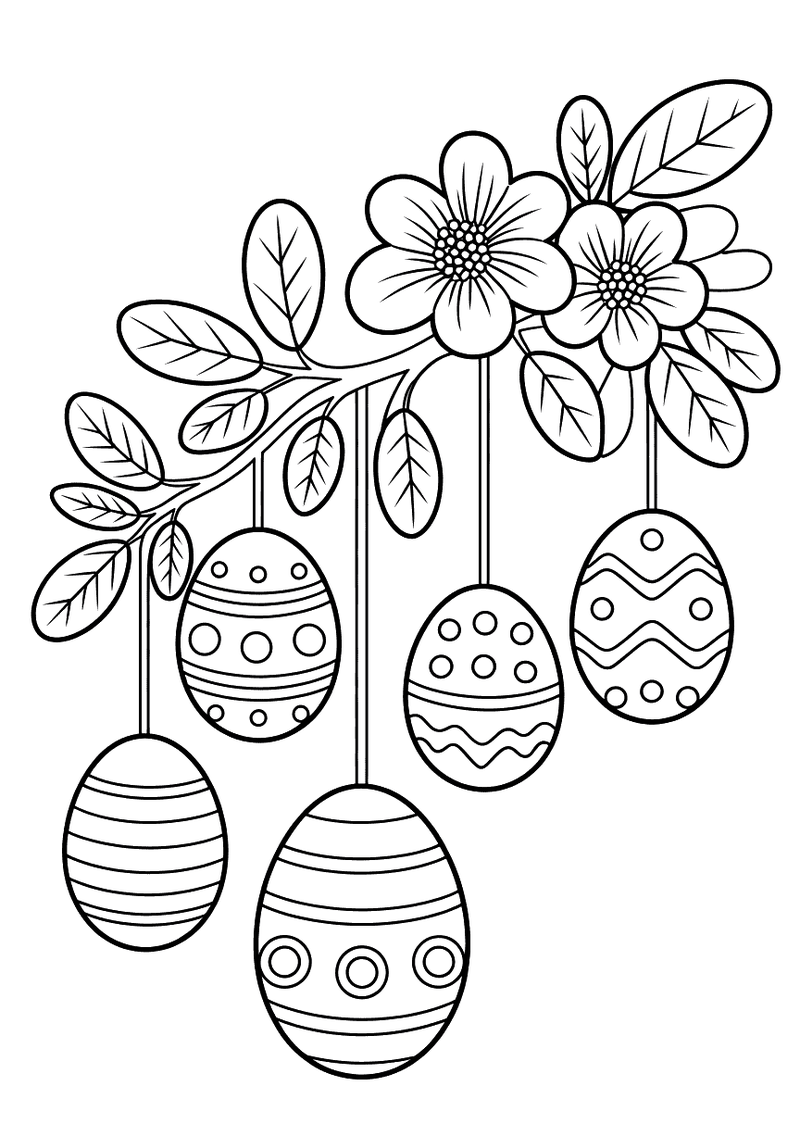 Kleurplaat van gedecoreerde paaseieren die aan een bloeiende tak hangen met bloemen en bladeren aan weerszijden