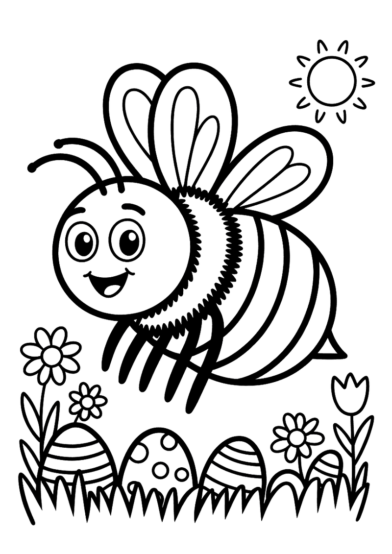 Kleurplaat van een lachende hommel die vliegt boven paaseieren en bloemen in het gras op een zonnige ochtend