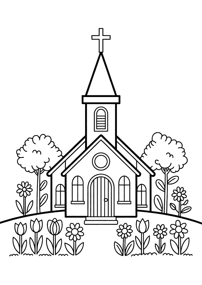 Kleurplaat van een kerk met kruis op de toren, rondom een bloeiende tuin met tulpen, madeliefjes, bomen en een groen gaz