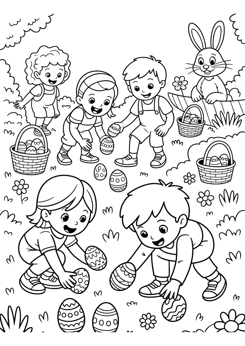 Kleurplaat van vier kinderen die met manden geknield paaseieren zoeken in het gras met het Paaskonijn op de achtergrond