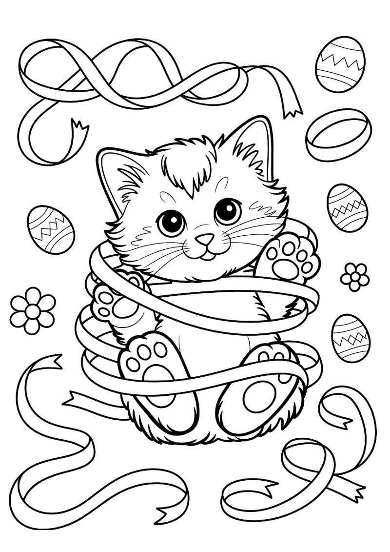 Kleurplaat van een kitten dat in een mand zit en speelt met sierlinten, met paaseieren en bloemen rondom op de achtergro