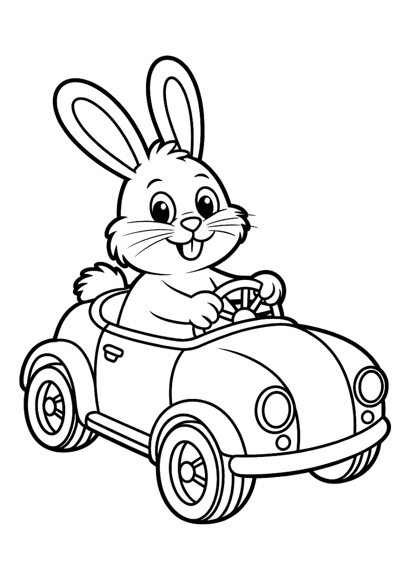 Kleurplaat van een lachend konijn achter het stuur van een kleine ronde auto met dikke banden