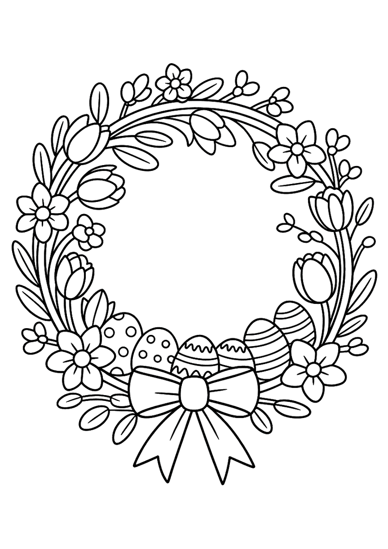 Kleurplaat van een ronde Paaskrans gevlochten van bloesems, bladeren en takken met gedecoreerde paaseieren en een strik