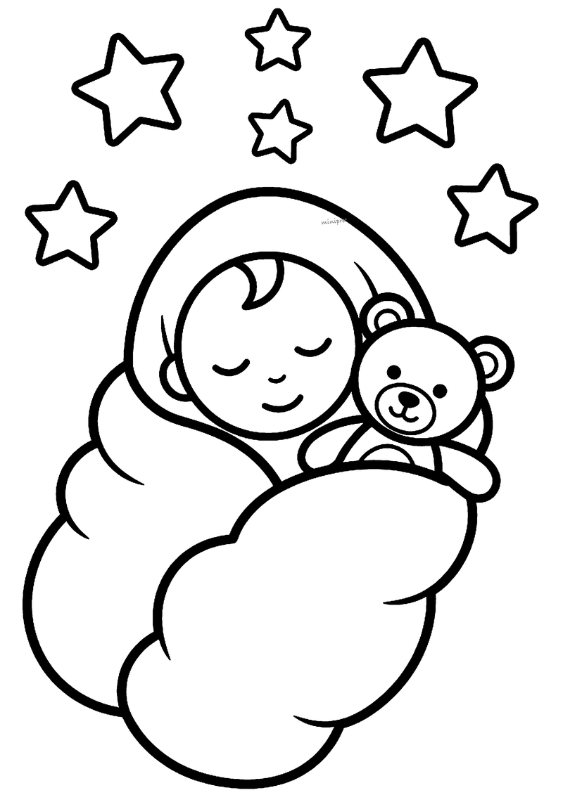 Kleurplaat van een slapende pasgeboren baby ingebakerd in een dekentje met een teddybeer en sterren eromheen