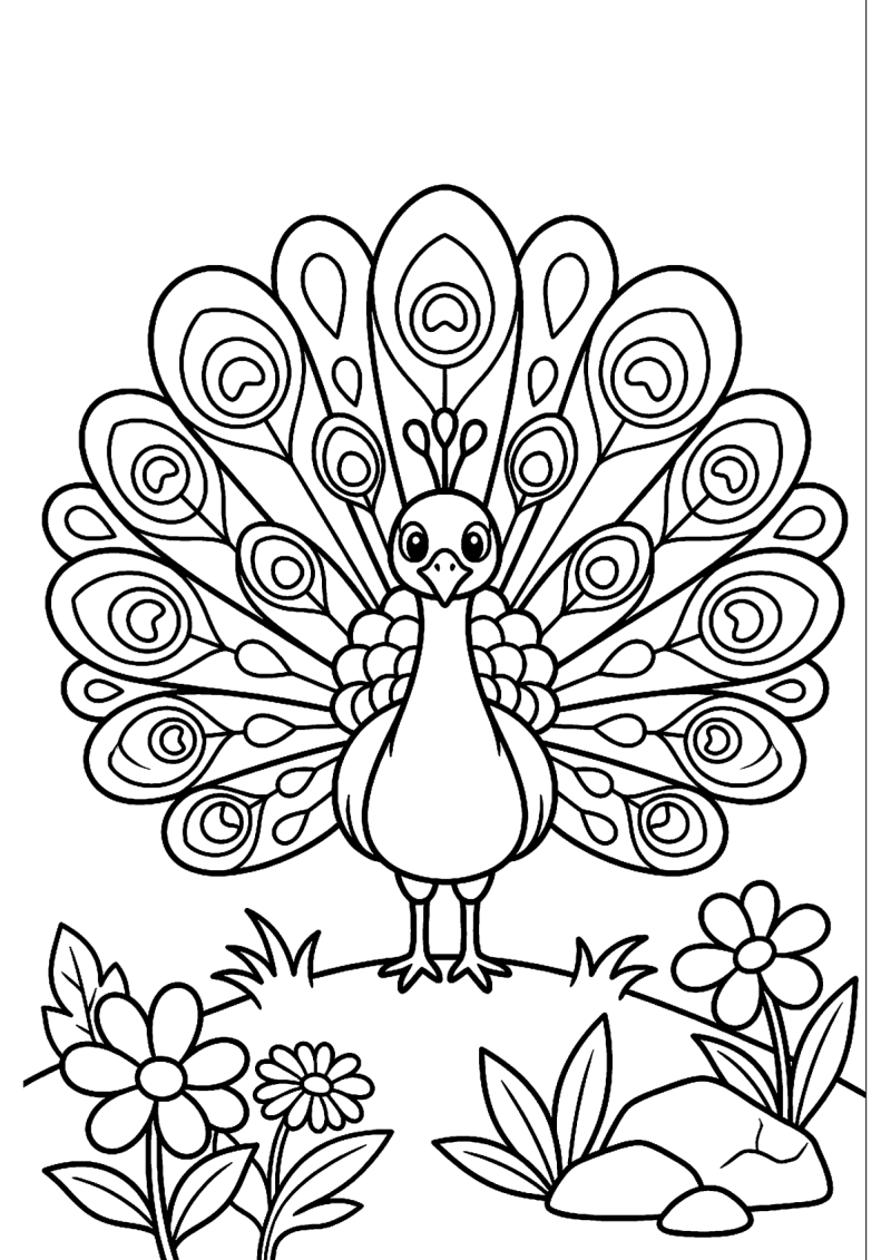 Pauw met veren kleurplaat — gratis kleurplaat