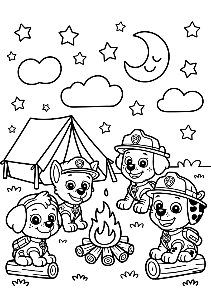 PAW Patrol kampeert bij kampvuur kleurplaat — gratis kleurplaat printen