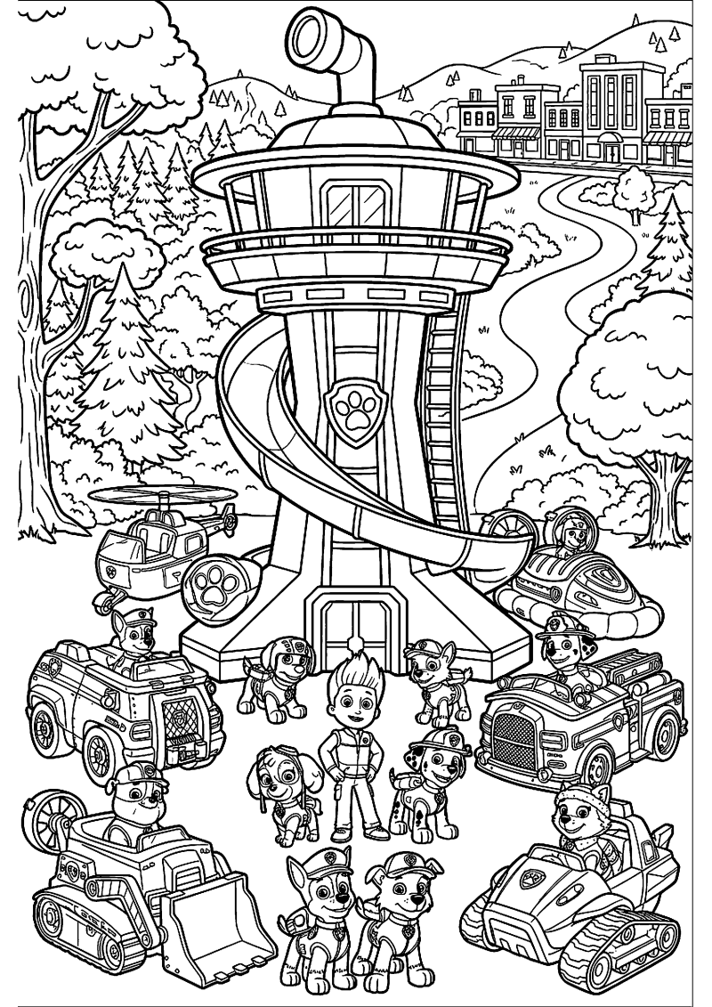 Paw patrol team bij uitkijktoren kleurplaat — gratis kleurplaat