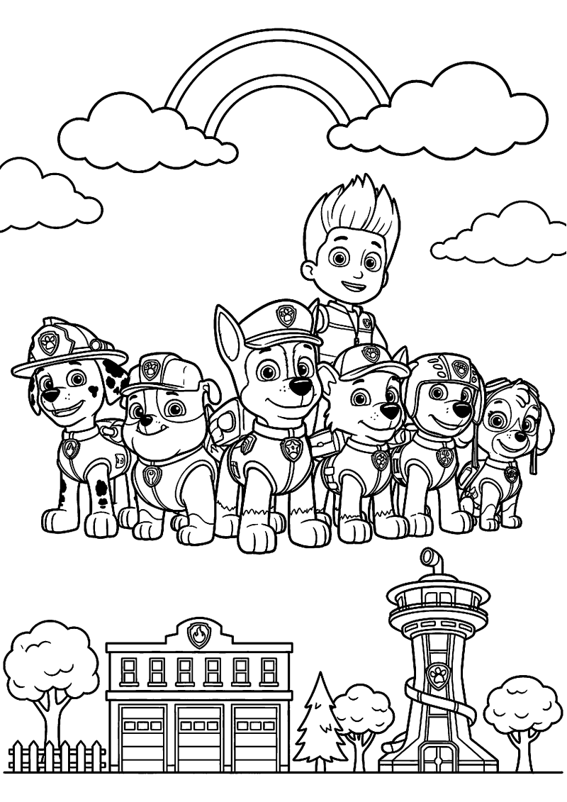 Paw patrol team staat samen op rij kleurplaat — gratis kleurplaat