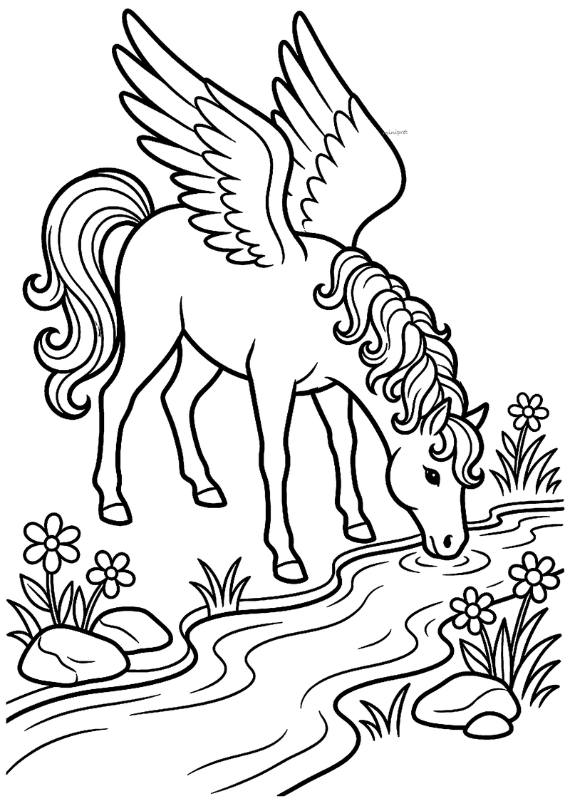 Kleurplaat van een gevleugeld paard met krullende manen dat voorover buigt om te drinken uit een beekje met bloemen