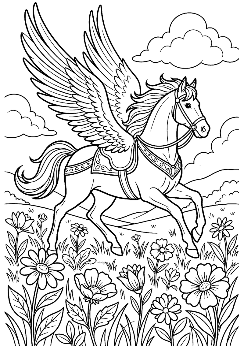 Kleurplaat van een gevleugeld paard met versierd zadel dat galoppeert door een weide vol bloemen onder de wolken