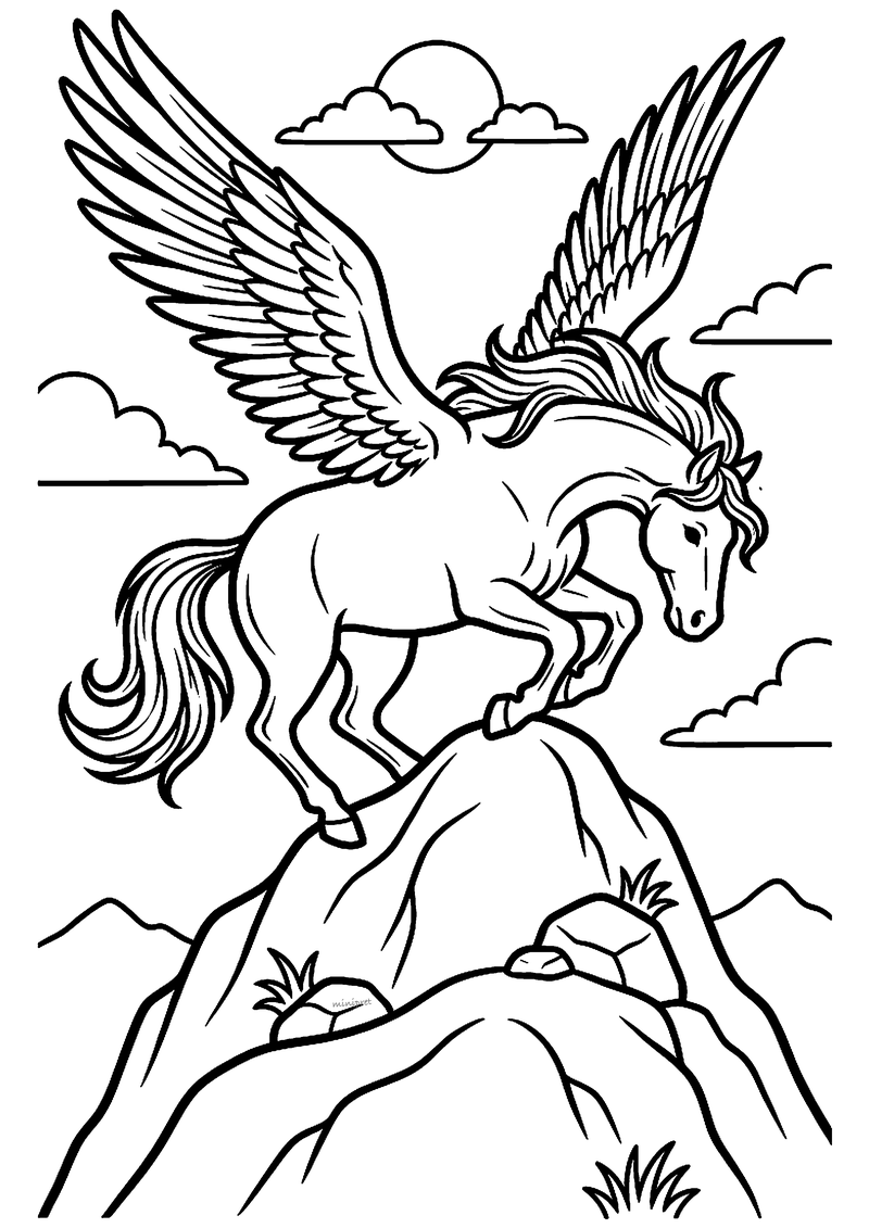 Kleurplaat van het gevleugelde paard Pegasus dat met gespreide vleugels landt op een rotsige bergtop