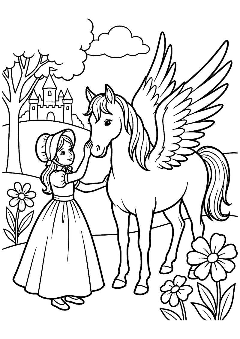 Kleurplaat van een meisje met hoedje en lange jurk dat een gevleugeld paard aait, met een kasteel en bloemen erachter