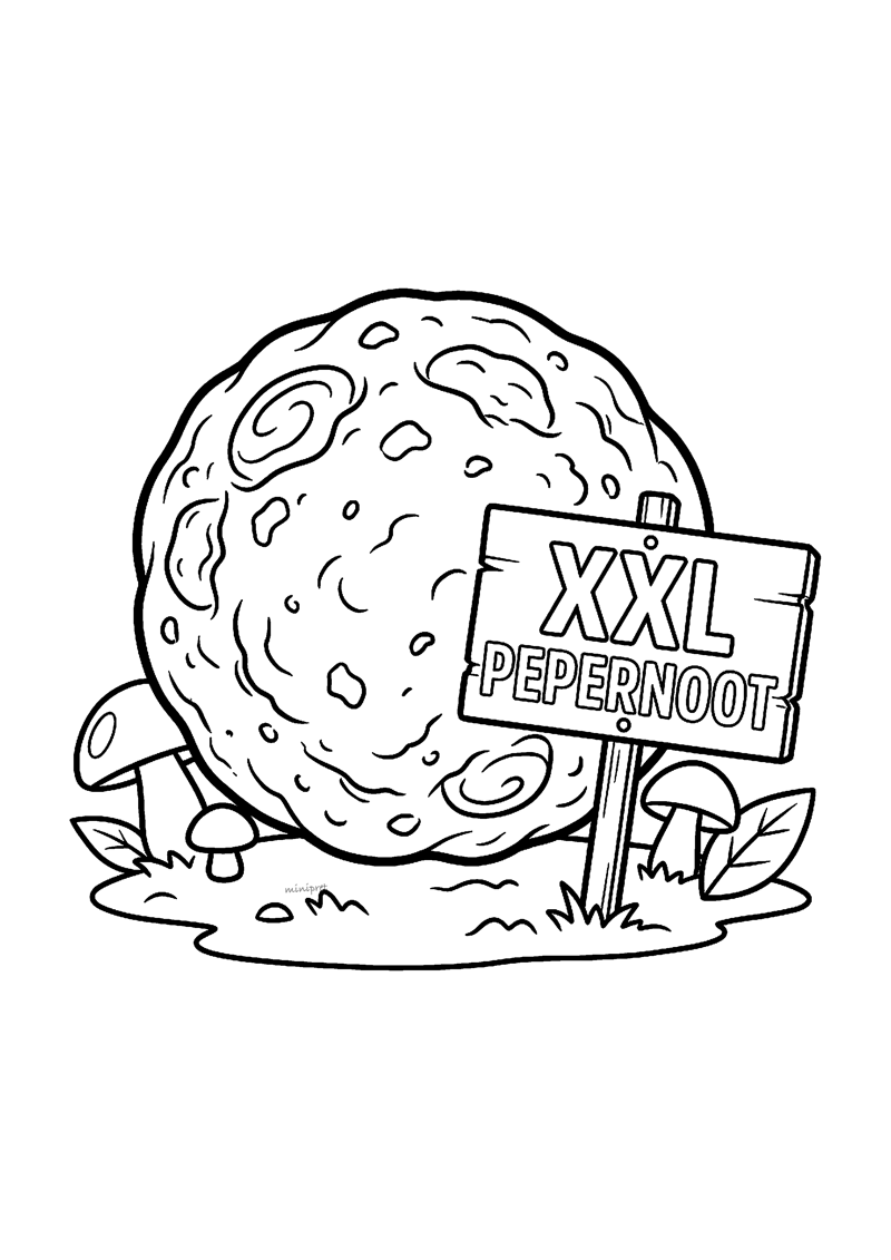 Kleurplaat van een enorme XXL pepernoot met houten bordje XXL PEPERNOOT en paddenstoelen ernaast
