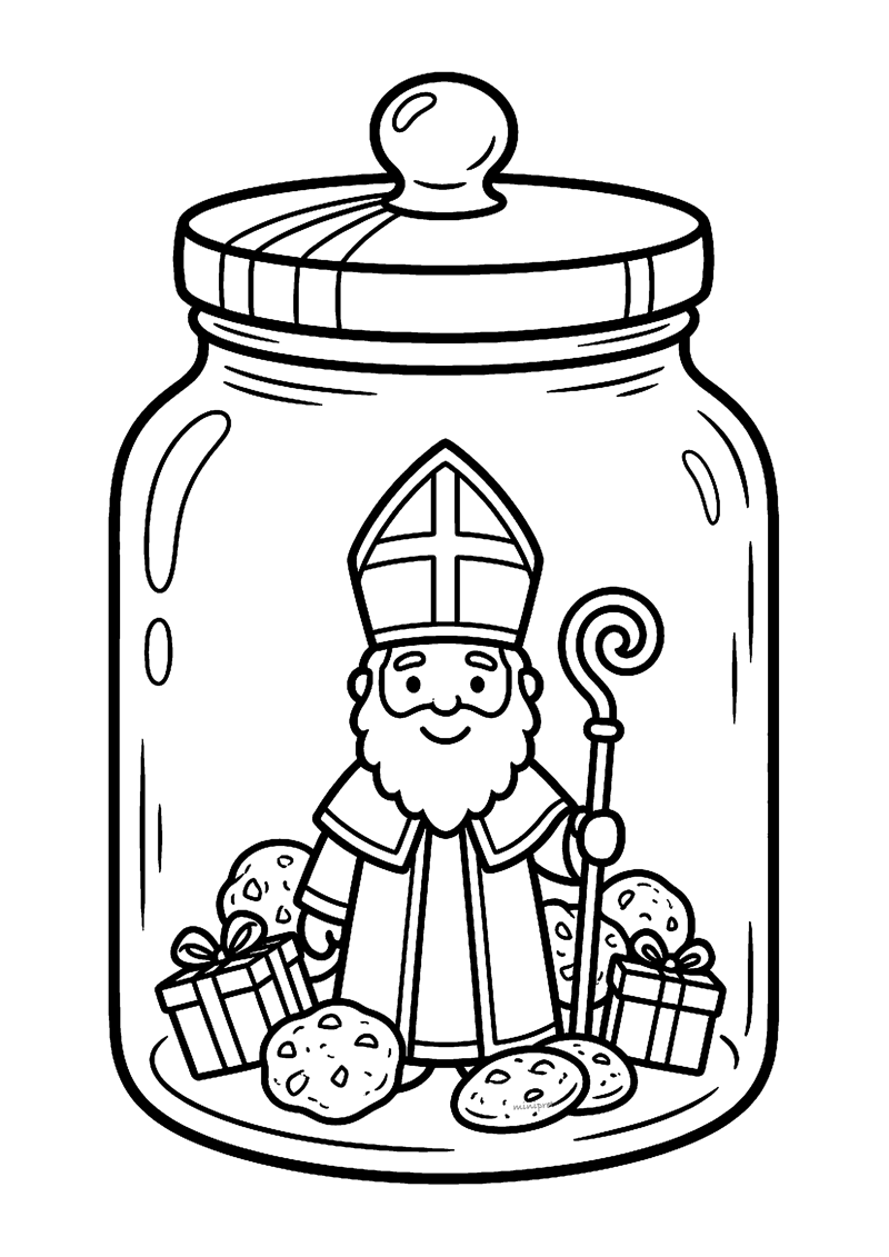Kleurplaat van een glazen voorraadpot met Sinterklaas, twee cadeaus en pepernoten erin