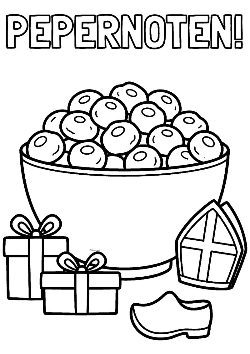 Kleurplaat van een grote schaal pepernoten met twee cadeautjes, een mijter en een klomp, met de tekst PEPERNOTEN!