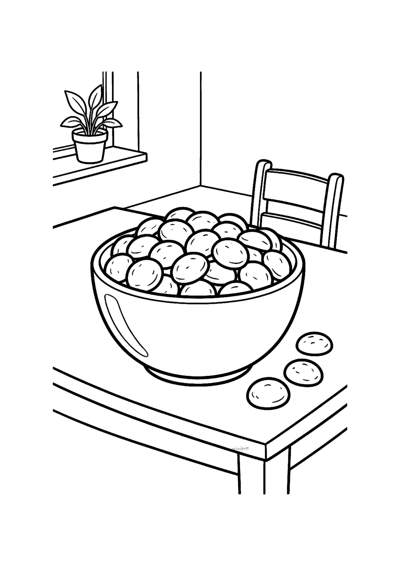 Kleurplaat van een grote schaal vol pepernoten op een tafel bij een raam met plantje
