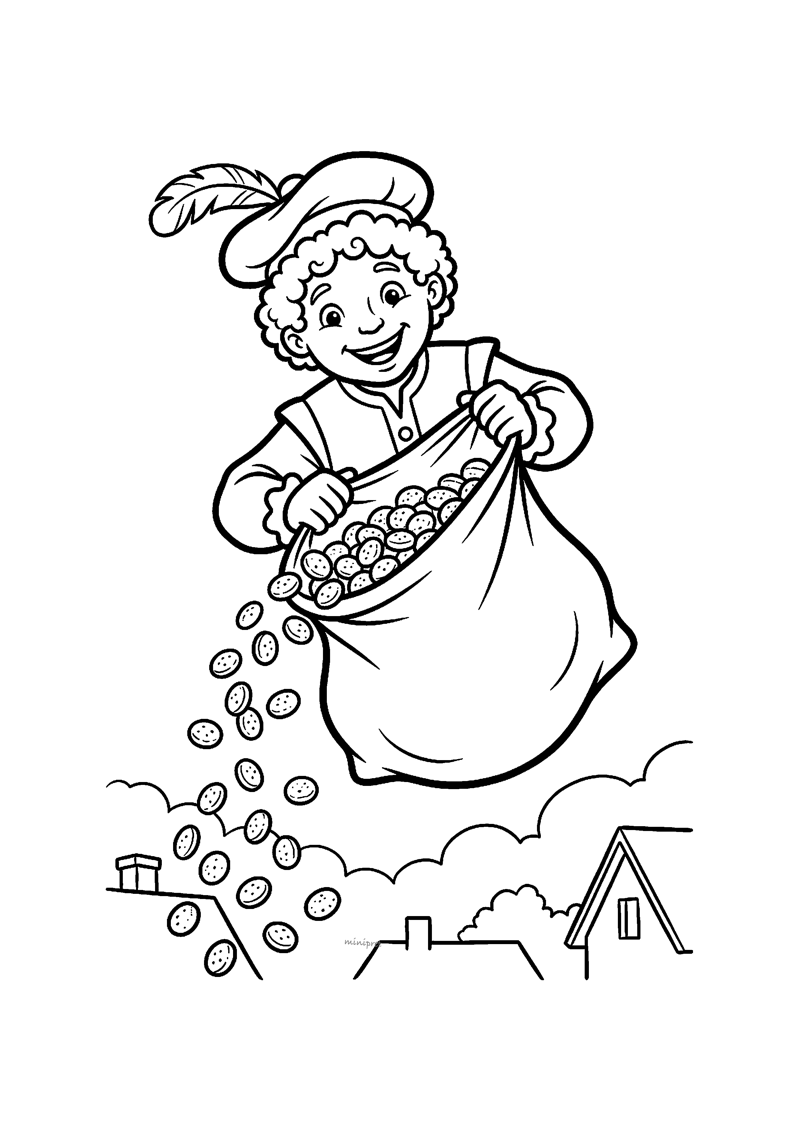 Kleurplaat van Piet die uit een grote zak een grote regen pepernoten over de daken strooit