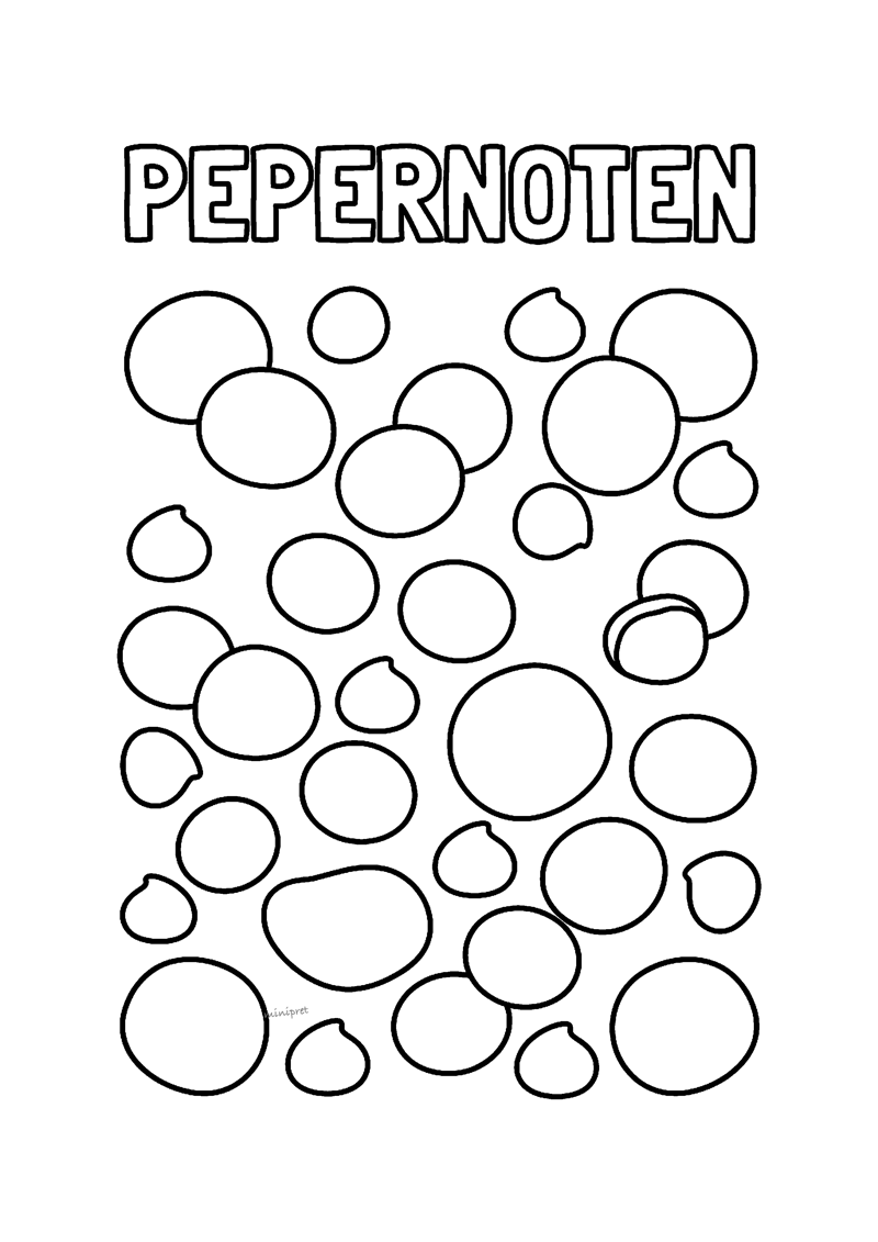 Kleurplaat met een wirwar van pepernoten in verschillende maten en de tekst PEPERNOTEN bovenaan