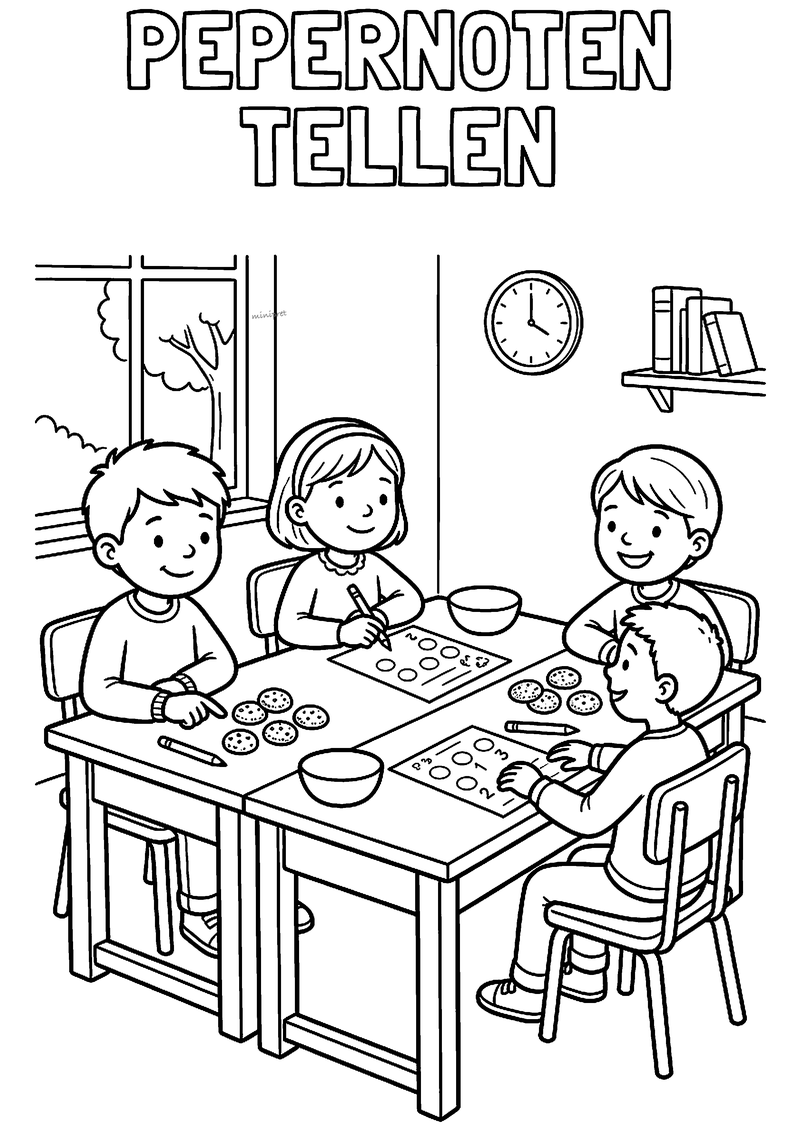 Kleurplaat van vier kinderen aan tafel die pepernoten tellen met telbladen en bakjes, met de tekst PEPERNOTEN TELLEN