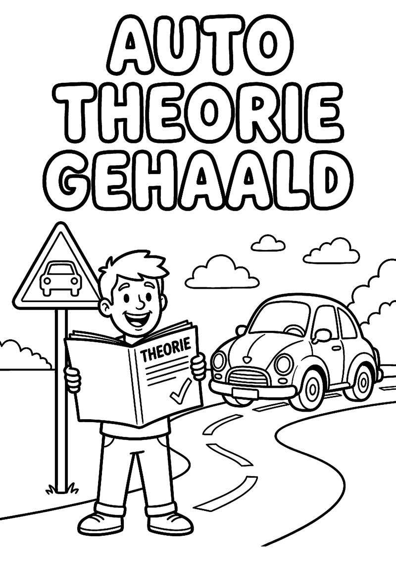 Persoon met Theoriecertificaat Verkeersbord en Auto met Tekst Auto Theorie Gehaald Geslaagd Kleurplaat — gratis kleurplaat