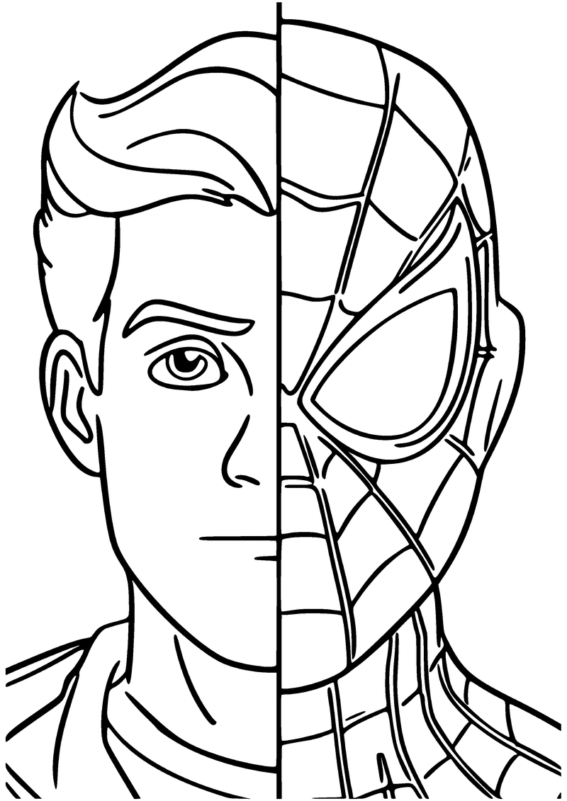 Kleurplaat van een gezicht dat half Peter Parker en half Spider-Man is, gescheiden door een rechte lijn