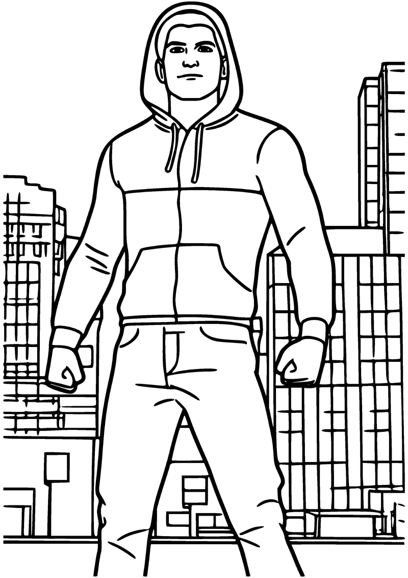 Kleurplaat van Peter Parker met capuchon op, hoodie en spijkerbroek, staand met gebalde vuisten voor gebouwen