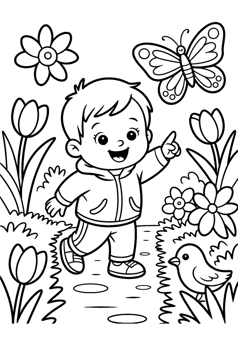 Kleurplaat van een peuter die in een lentetuin staat en naar een vlinder wijst, met tulpen, een klein vogeltje en bloeme