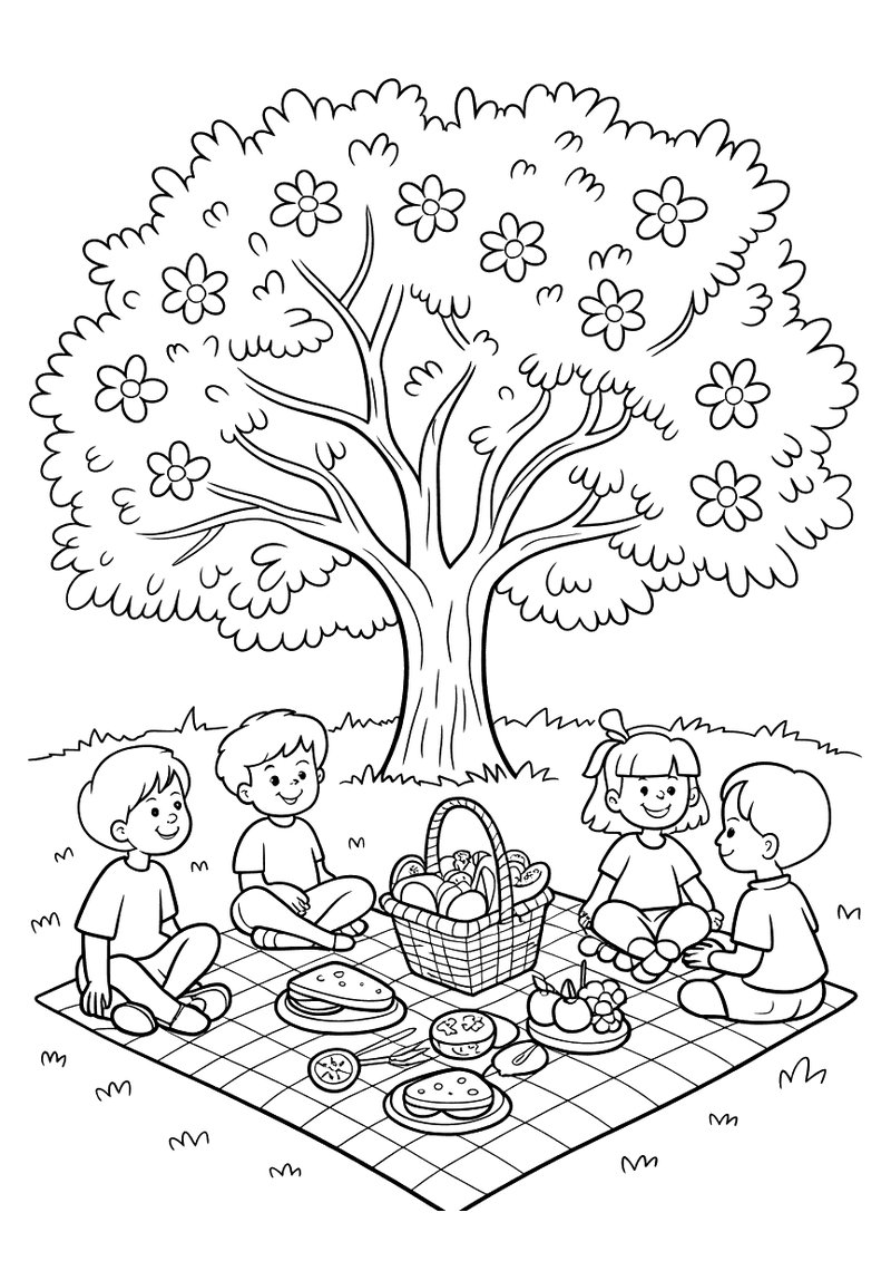 Kleurplaat van vier kinderen die op een geruite picknickkleed zitten onder een grote bloesemboom en eten en drinken uit 